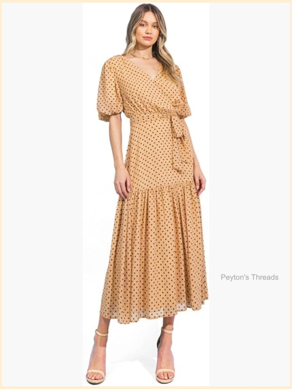 Chiffon Polka Dot Midi Dress with Puff Sleeves and Sash Belt